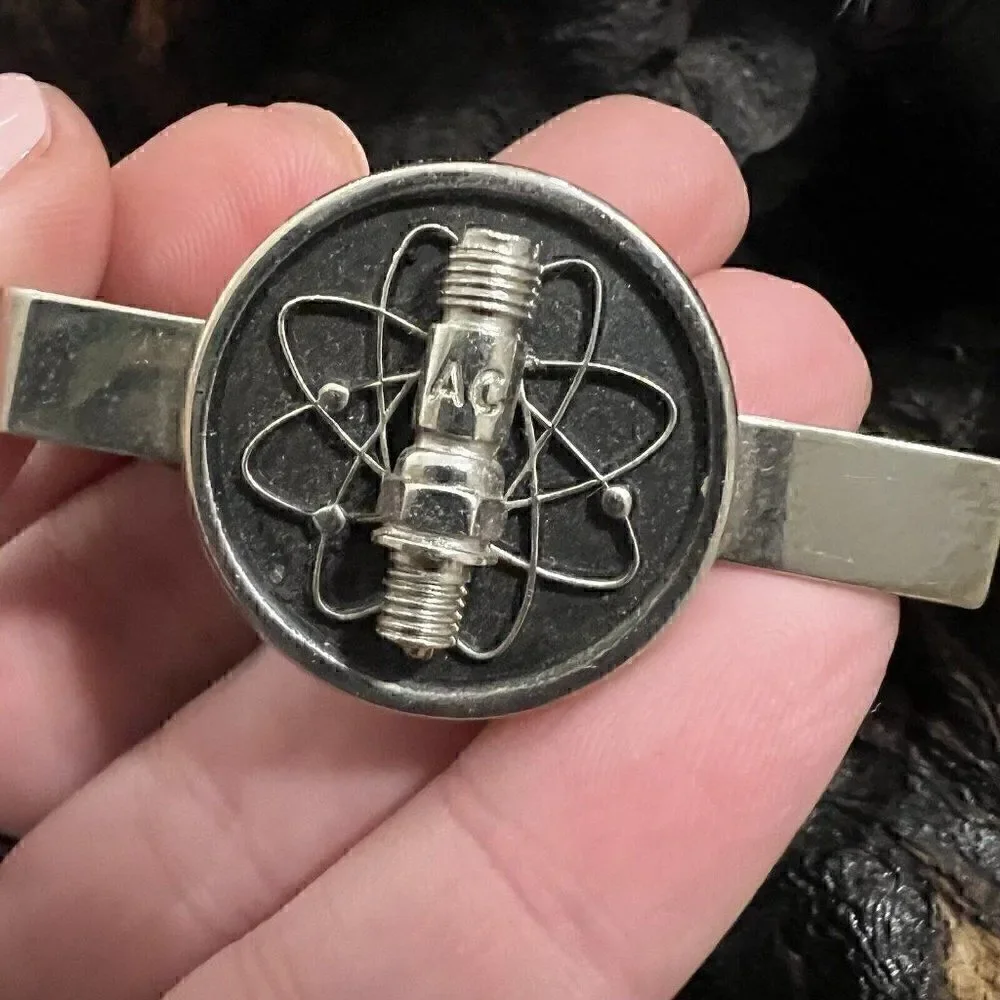 Vintage AC Spark Plug Tie Clasp Advertising Atoms Silver Tone Mid Century